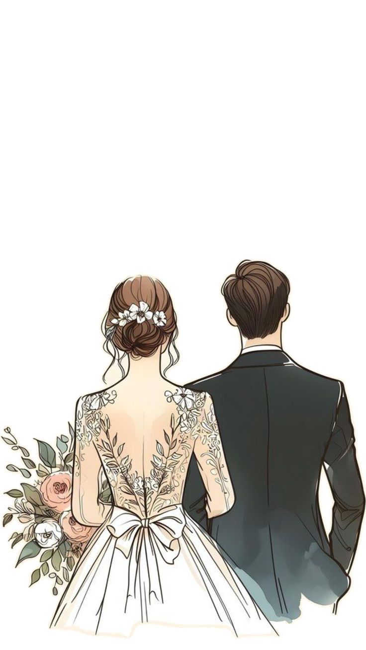 Vector-style wedding attire inspiration illustration of a bride and groom from the back