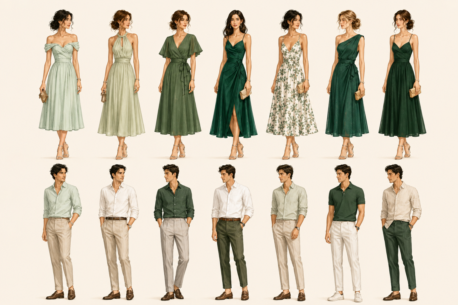 Wedding attire inspiration with women in green midi dresses and men in coordinated semi-formal green and neutral outfits